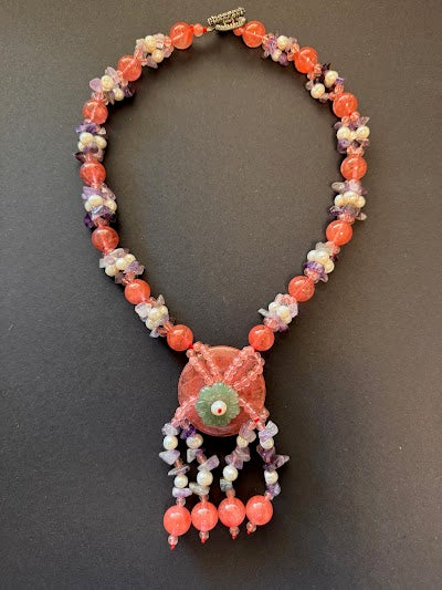 Y-shaped pearl and orange-hued gemstone necklace