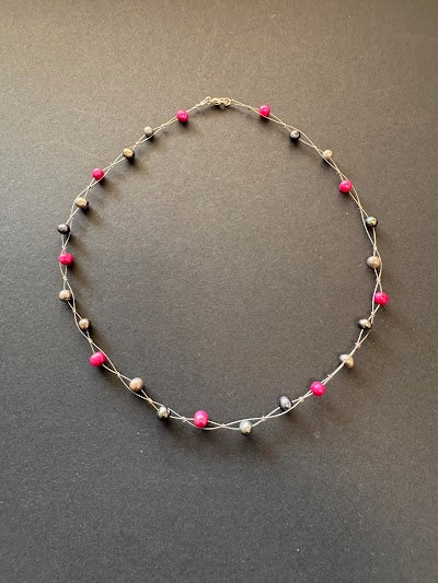 Pink and grey pearl twisted strand necklace