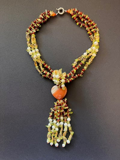 Pearl, orange agate and gemstone y-shaped necklace