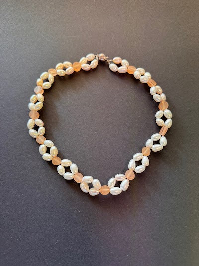 White pearl and orange resin bead necklace