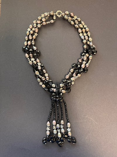 Multi-stranded y-shaped pearl and black onyx necklace