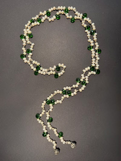 White pearl and emerald green teardrop lariat necklace
