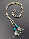 White pearl and polished turquoise lariat necklace