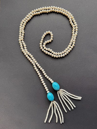 White pearl and polished turquoise lariat necklace