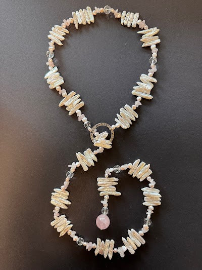Soft pink-hued stick and baroque pearl and rose quartz lariat necklace
