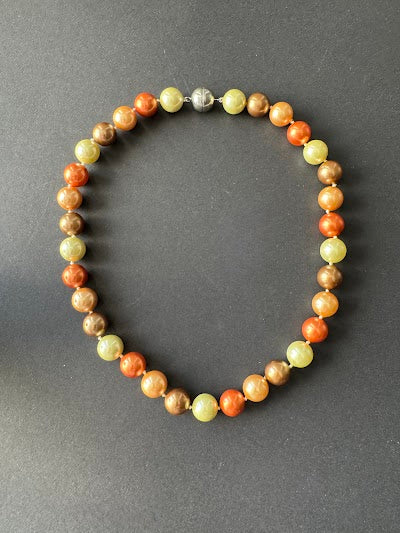 Bronze, golden, copper and pale green (11-12mm) shell pearl necklace