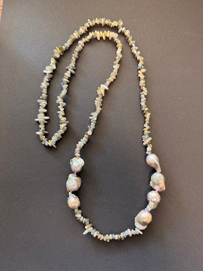 Seven large silvery-grey-hued baroque pearls and bead necklace