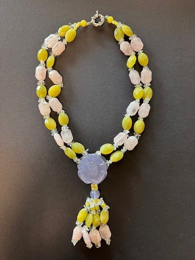 Y-shaped lavender disc and gemstone necklace