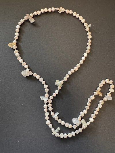 Long white pearl and pink quartz necklace