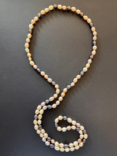 Long white, peacock and pastel pearl necklace