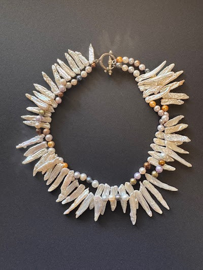 Double-stranded white stick pearl necklace