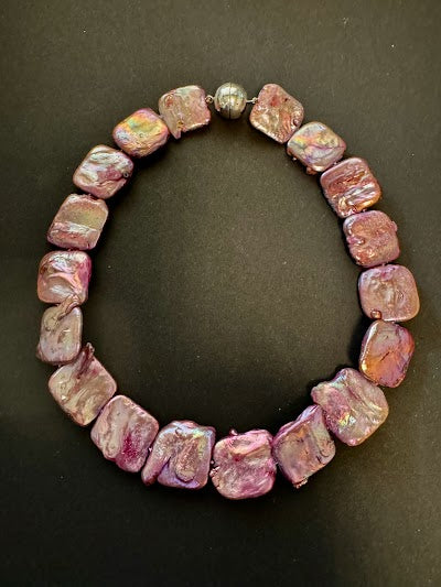 Large pink-hued square coin pearl necklace