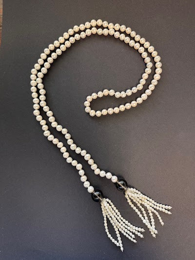 White pearl and smoky quartz lariat necklace