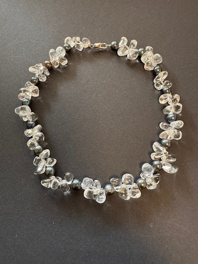 Black pearl and clear quartz necklace