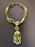 Y-shaped pearl and green heart gemstone necklace