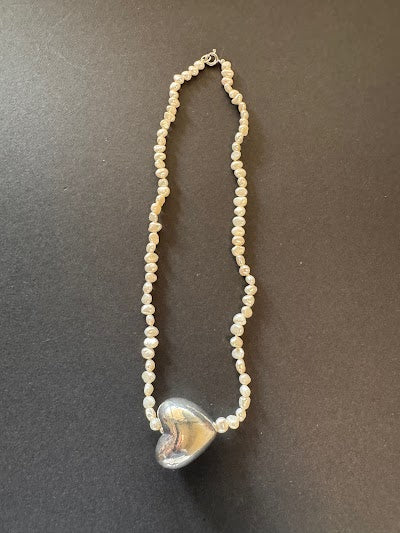 Large silver heart and white pearl necklace