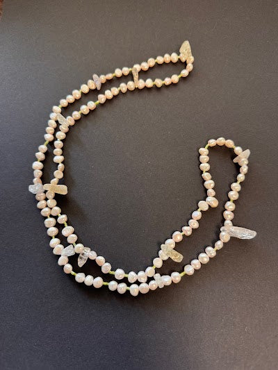 Continuous-strand pale pink freshwater pearl and quartz nugget necklace
