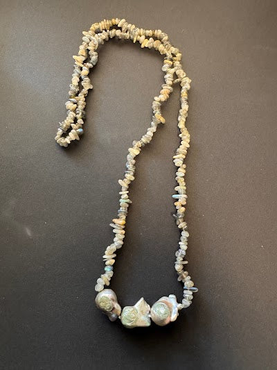 Three large silvery-grey-hued baroque pearl and bead necklace