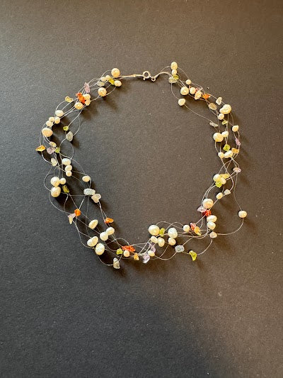 Multi-stranded 'floating' pearl and gemstone necklace