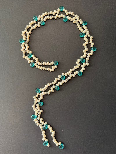 White pearl and aquamarine teardrop lariat necklace