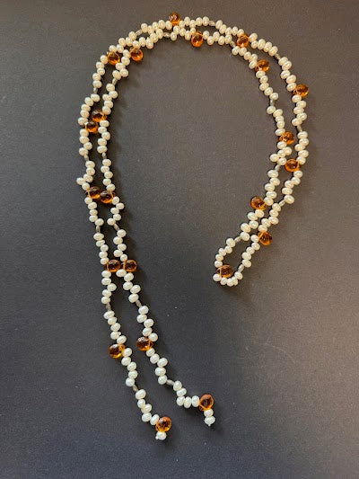 Lariat pearl and orange teardrop necklace
