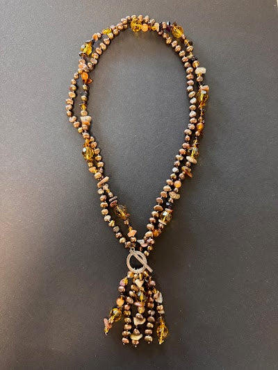 Y-shaped bronze-hued pearl and gemstone necklace
