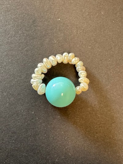 Turquoise 16mm shell and freshwater pearl solitaire ring