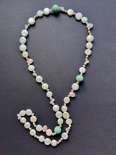 Continuous-strand coin pearl necklace with rose quartz and pale green-hued jade beads