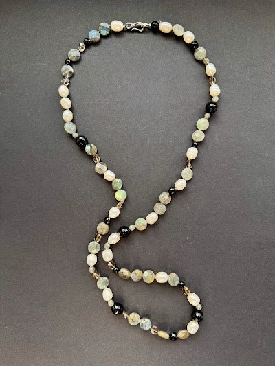 Long freshwater pearl necklace with labradorite, onyx and jasper beads