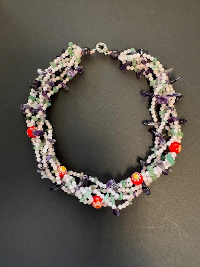 Multi-stranded rose quartz and gemstone necklace