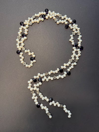 White pearl and deep purple teardrop lariat necklace