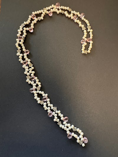 Lariat pearl and pink teardrop necklace