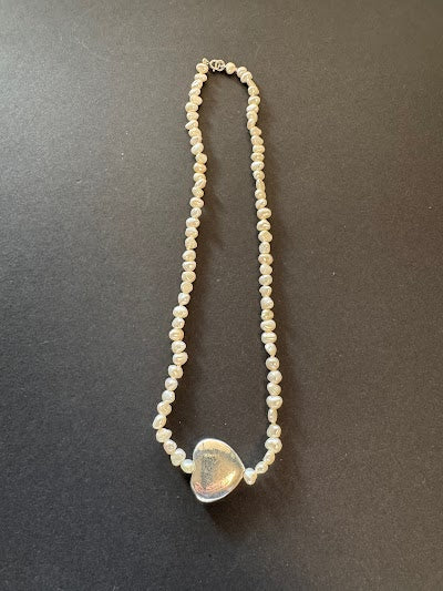 Medium silver heart and white pearl necklace