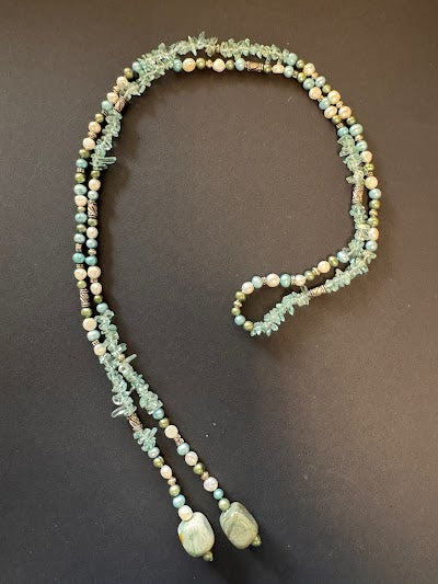 White, turquoise and green-hued pearl and polished jasper lariat necklace