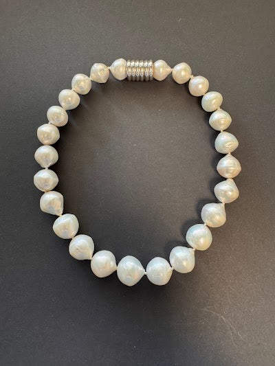 Large white pearl necklace with barrel clasp