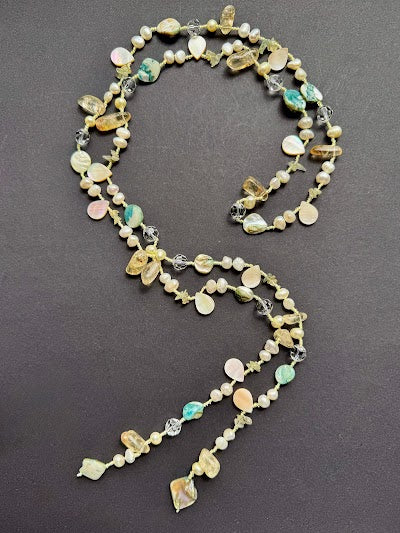 Lariat white pearl, semi-precious stone and shell necklace