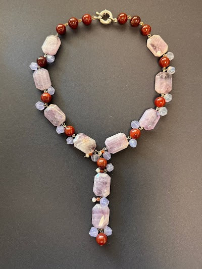 Y-shaped amethyst and pearl necklace