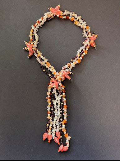 Pearl and salmon-hued gemstone lariat necklace