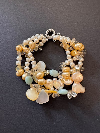 White pearl, shell and golden-hued gemstone bracelet