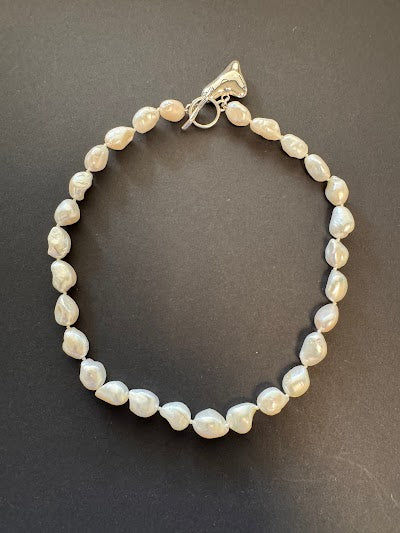 White baroque pearl and silver heart charm necklace