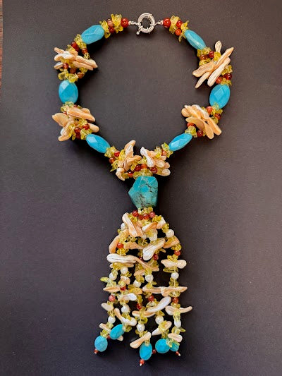 Y-shaped pearl, shell and turquoise bead necklace