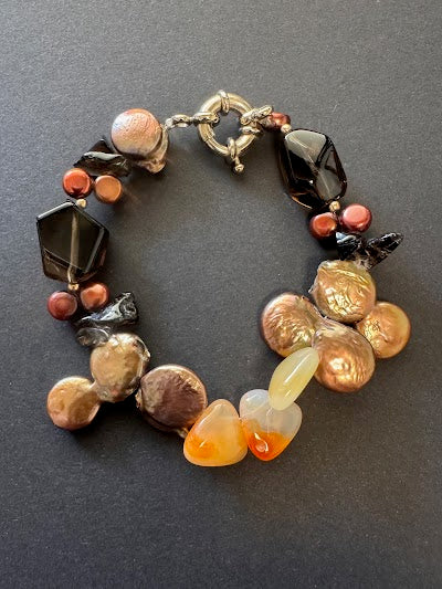 Golden-copper-hued coin pearl and smoky quartz bracelet