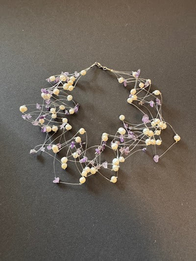 Multi-stranded 'floating' white pearl and amethyst necklace