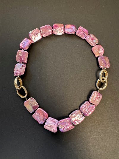 Large pink-hued square coin pearl necklace