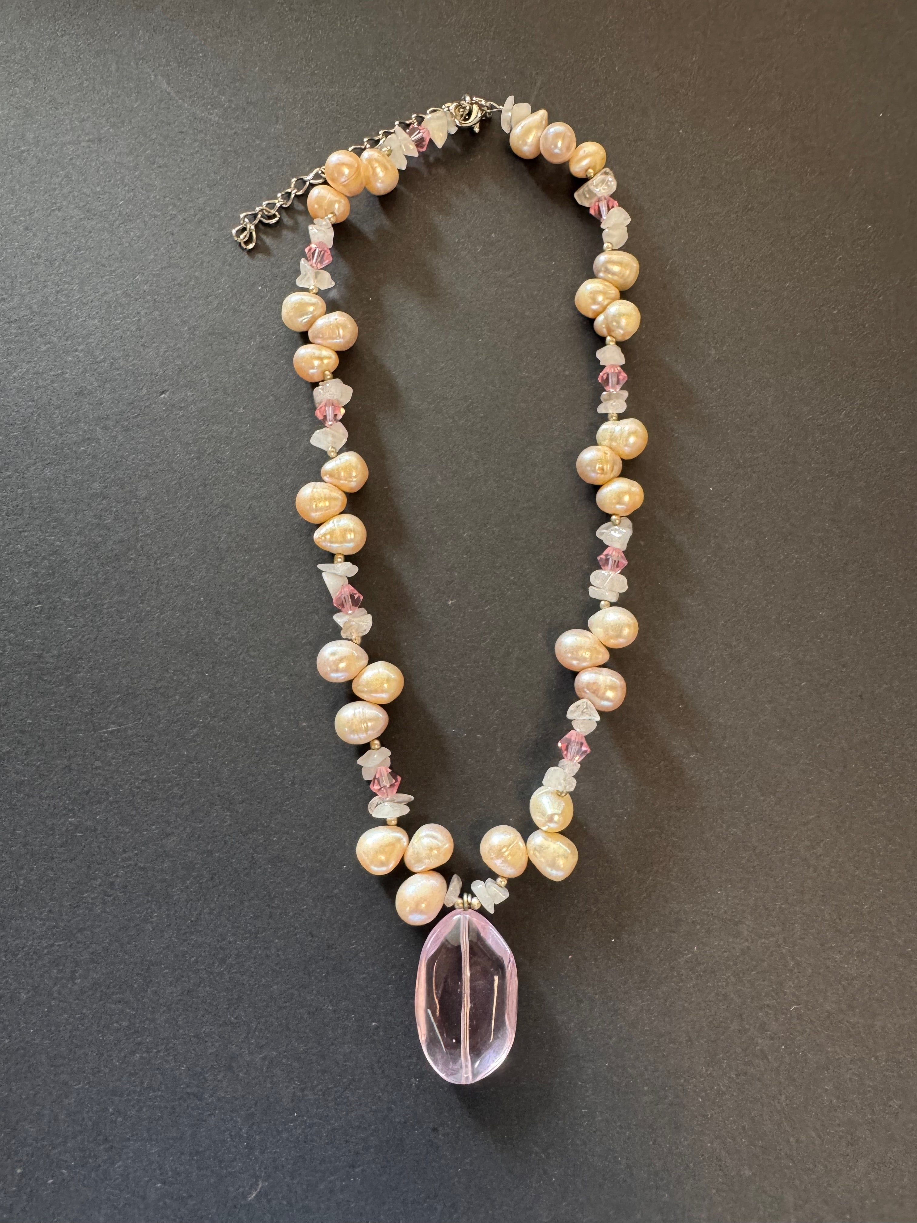 White pearl and pink quartz drop necklace