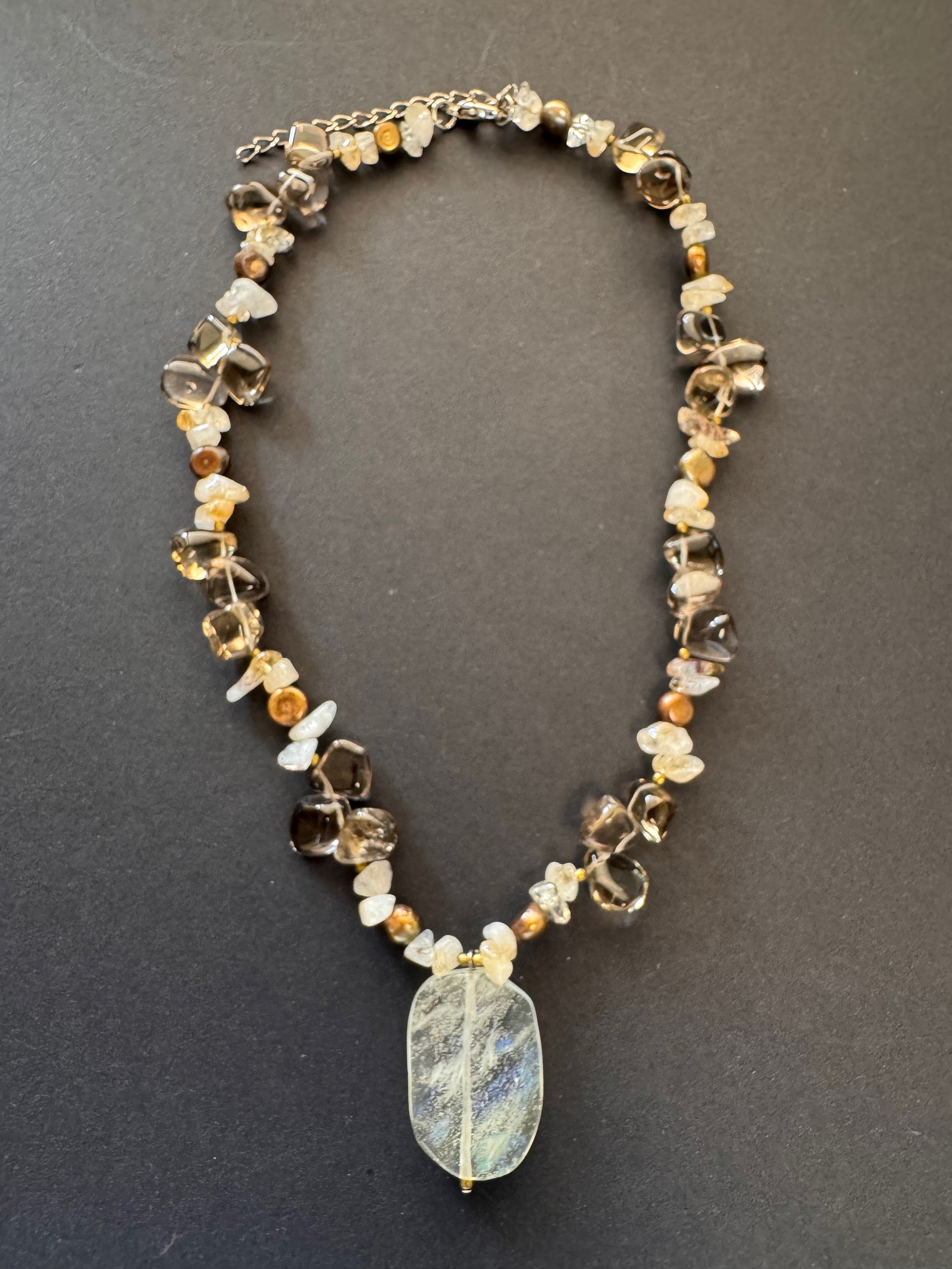 Bronze-hued pearl and clear quartz drop necklace