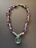 Peacock-hued pearl and pale blue quartz drop necklace
