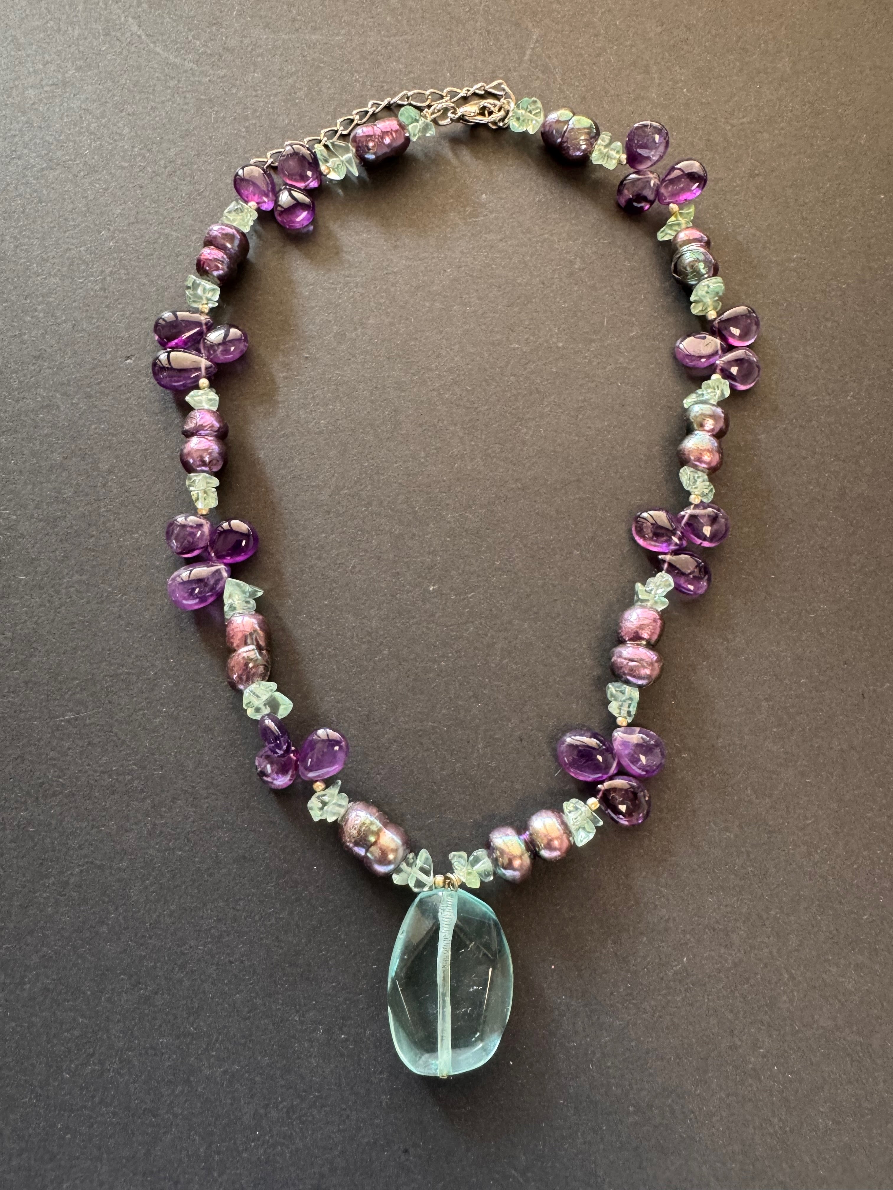 Peacock-hued pearl and pale blue quartz drop necklace