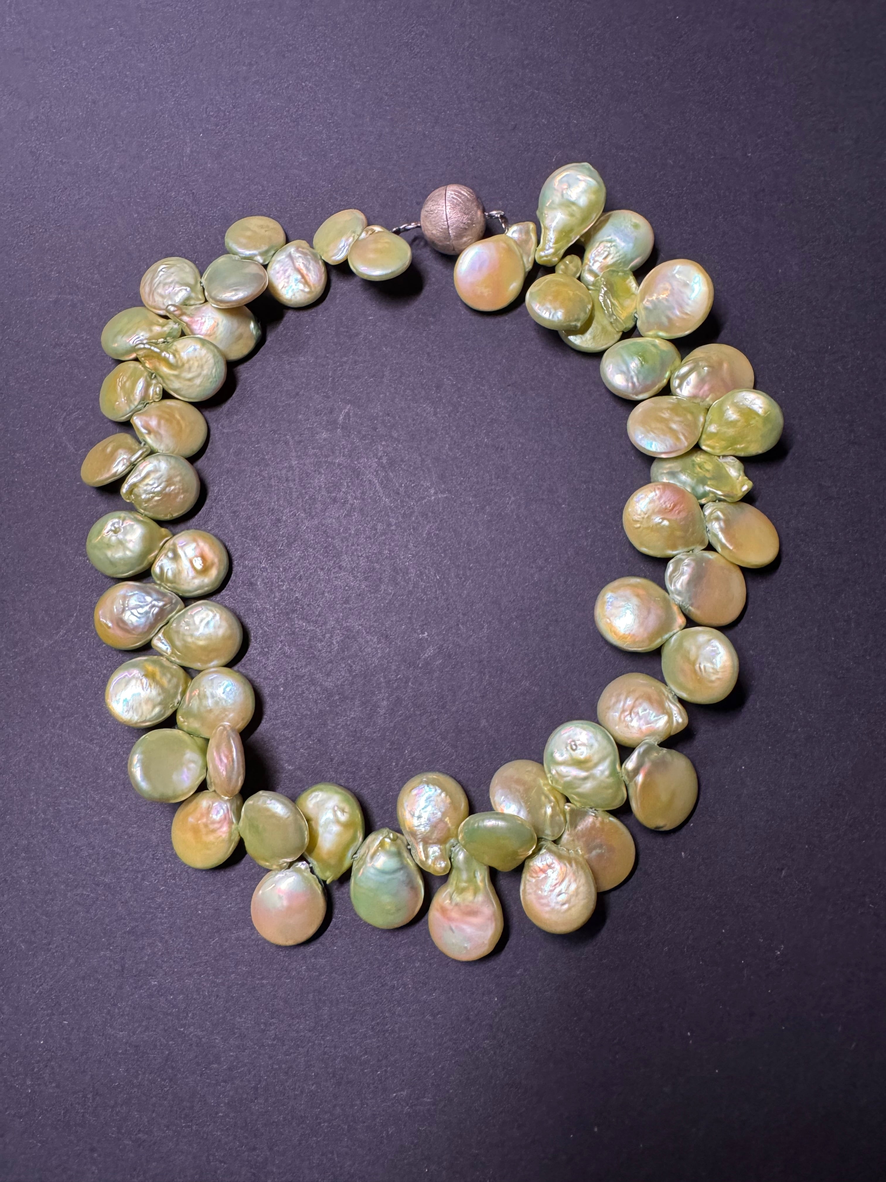 Pale green-hued baroque coin pearl necklace