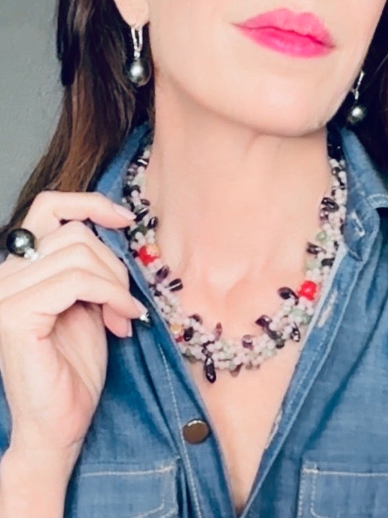 Multi-stranded rose quartz and gemstone necklace